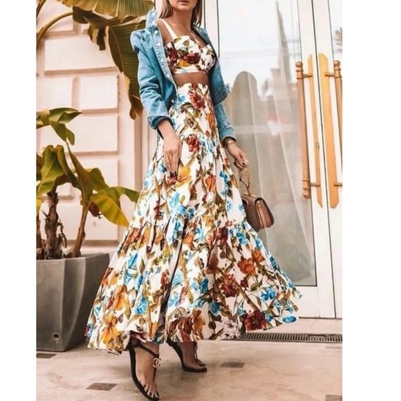 Boho Floral Print Cami Cropped top Maxi Skirt Set - Picture 7 of 13